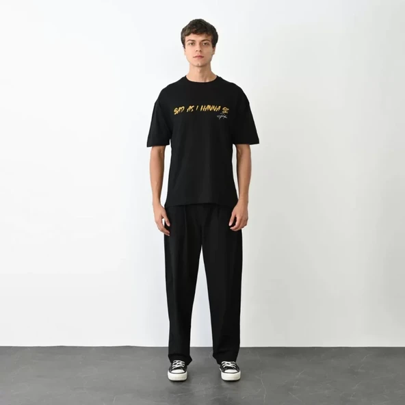 Unisex Bisiklet Yaka Baskılı Oversize T-Shirt - Siyah ürün görseli 1