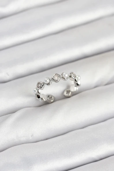 CEYLAN ADAM Pirinç Gümüş Renk Zirkon Taşlı İncili Kadın Yüzük ürün görseli 1