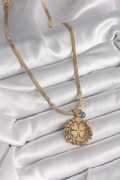 316L Çelik Gold Renk İtalyan Zincir Dorika Yonca Model Nazar Boncuk Detay Kadın Kolye - TJ-BKO9875 - 2