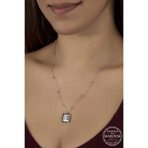 Supertrend Swa Crystal Taşlı Top Zincir Siyah Elmas Gümüş Kadın Kolye - Resim 2