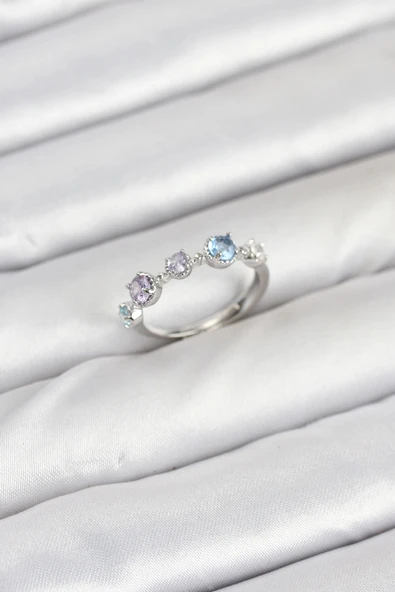 CEYLAN ADAM Pirinç Gümüş Renk Renkli Zirkon Taşlı Kadın Yüzük ürün görseli 1