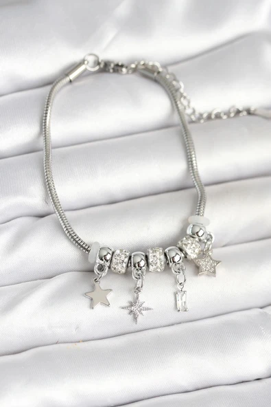 CEYLAN ADAM Pirinç Gümüş Renk Kutup Yıldızı Charmlı Kadın Bileklik