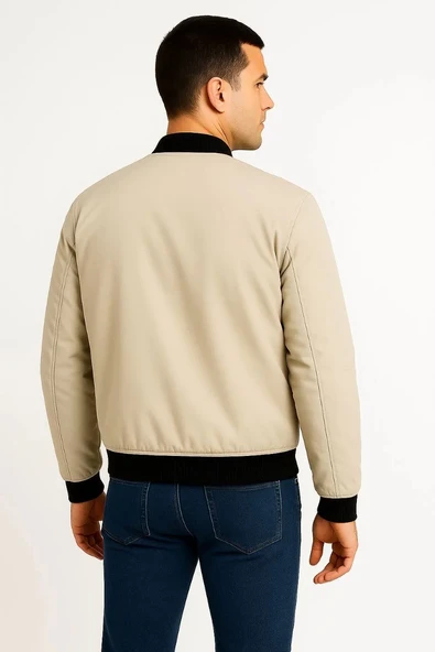 Erkek içi Astarlı Fermuarlı Bomber Mont Ceket - Bej - Resim 2