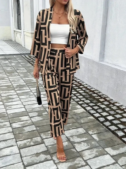 Kadın Uzun Kollu önü Açık Desenli Iki Iplik Ceket Ve Pantolon Ikili Takım - 7