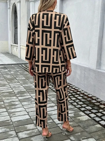 Kadın Uzun Kollu önü Açık Desenli Iki Iplik Ceket Ve Pantolon Ikili Takım - 4