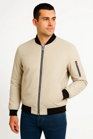 Erkek içi Astarlı Fermuarlı Bomber Mont Ceket - Bej - Resim 6