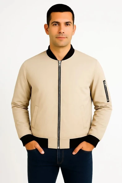 Erkek içi Astarlı Fermuarlı Bomber Mont Ceket - Bej - Resim 5
