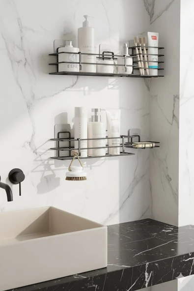 Siyah Yapışkanlı 4’lü Banyo Seti – Duş Rafı, Sabunluk, Diş Fırçalık - Paslanmaz Metal Düzenleyici - 2
