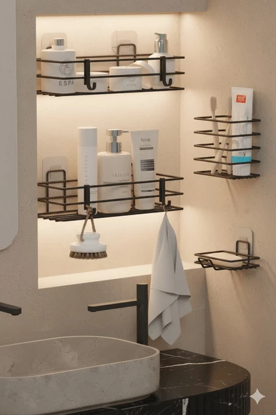 Siyah Yapışkanlı 4’lü Banyo Seti – Duş Rafı, Sabunluk, Diş Fırçalık - Paslanmaz Metal Düzenleyici - 1