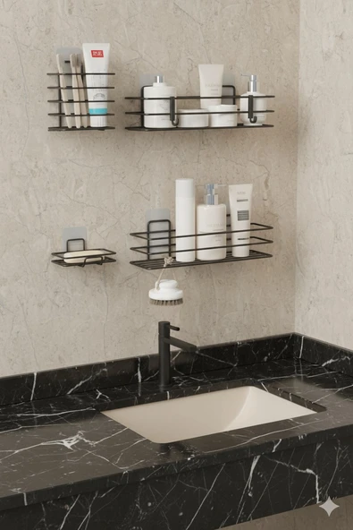 Siyah Yapışkanlı 4’lü Banyo Seti – Duş Rafı, Sabunluk, Diş Fırçalık - Paslanmaz Metal Düzenleyici - 5