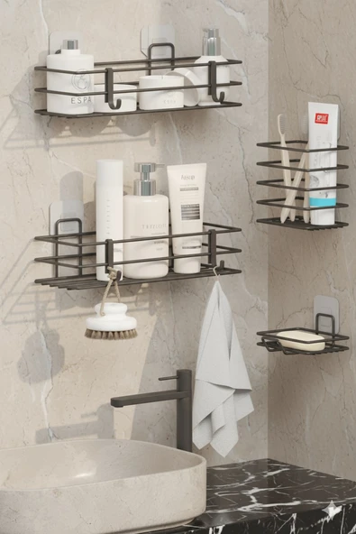 Siyah Yapışkanlı 4’lü Banyo Seti – Duş Rafı, Sabunluk, Diş Fırçalık - Paslanmaz Metal Düzenleyici - 4