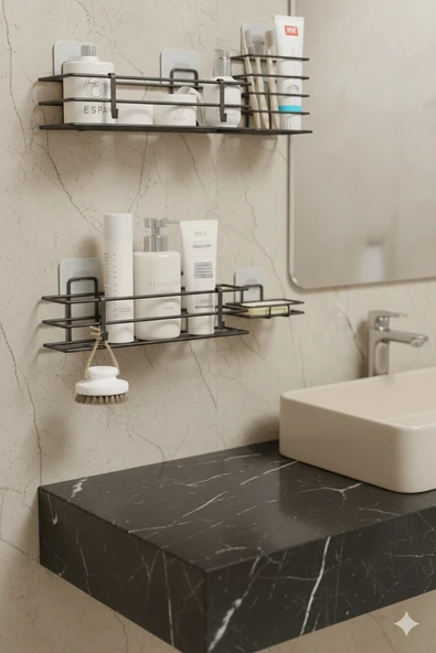 Siyah Yapışkanlı 4’lü Banyo Seti – Duş Rafı, Sabunluk, Diş Fırçalık - Paslanmaz Metal Düzenleyici - 3