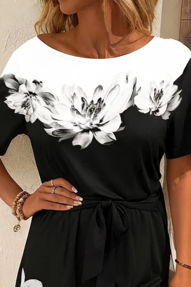 Kadın Tek Omuzu Açık çiçek Desenli Beli Kuşaklı Iki Iplik Mini Short Tulum - 2