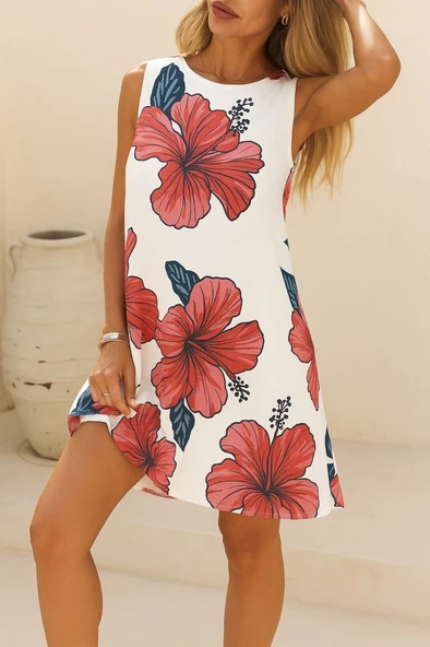 Kadın Sıfır Kol Sırttan Bağlamalı Fırfırlı çiçek Desenli Süprem Elbise ürün görseli 1