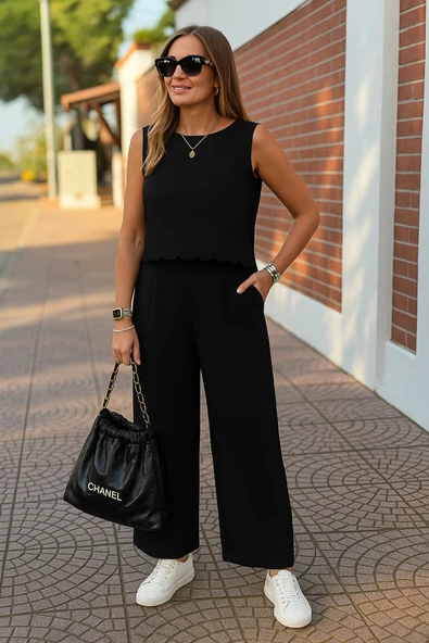 Kadın Sıfır Kollu Bisiklet Yaka Arkadan Bağlamalı Aer8bin Bluz Ve Pantolon Ikili Takım ürün görseli 1