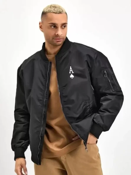 Unisex Uzun Kol Baskılı Bomber Ceket - Siyah - 2