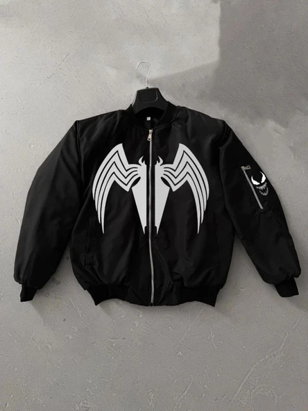 Tam Fermuarlı Uzun Kol Baskılı Bomber Ceket - Siyah - 2