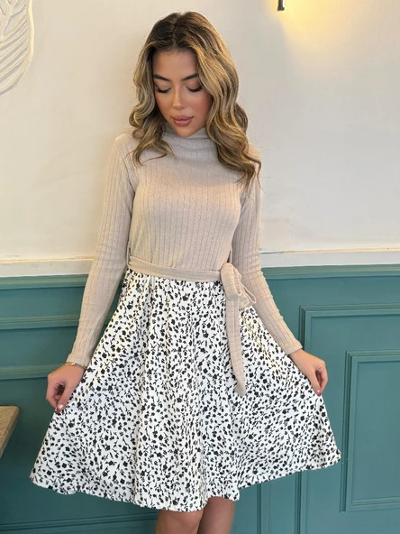 Kadın Uzun Kollu Balıkçı Yaka Belden Bağlamalı üst Kaşkorse Eteği Dalgıç Kısa Elbise - 7