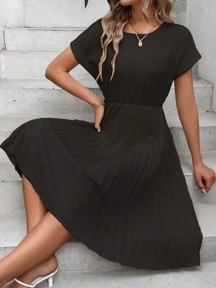 Kadın Kısa Kollu Yakası Açık Belden Lastikli Pileli Kısa Ithal Krep Elbise - 6