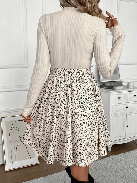 Kadın Uzun Kollu Balıkçı Yaka Belden Bağlamalı üst Kaşkorse Eteği Dalgıç Kısa Elbise - 3