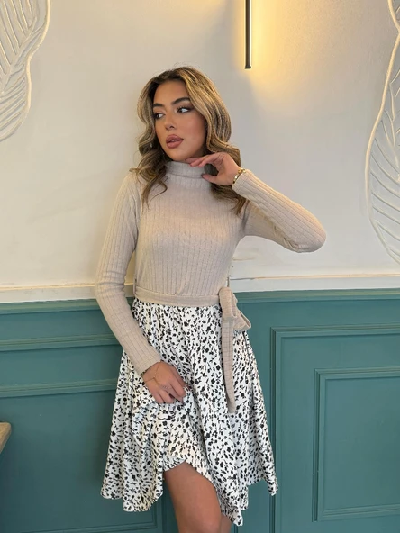 Kadın Uzun Kollu Balıkçı Yaka Belden Bağlamalı üst Kaşkorse Eteği Dalgıç Kısa Elbise - 6