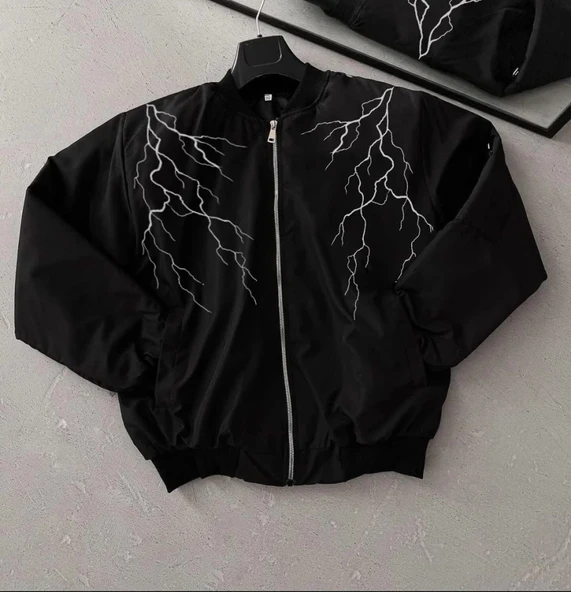 Yıldırım Baskılı Uzun Kol Bomber Ceket - Siyah - 2