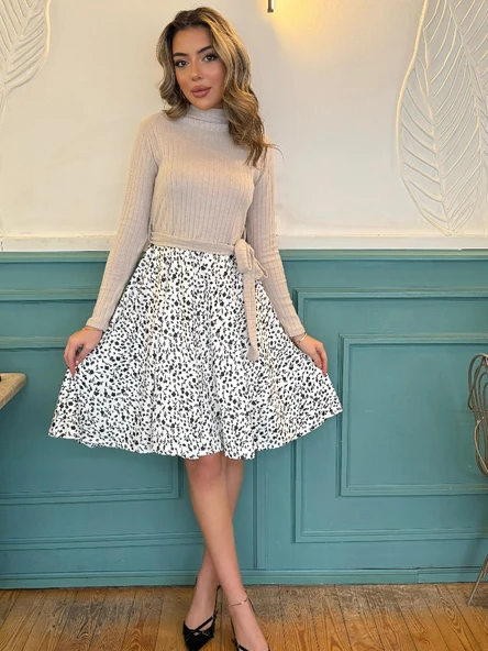 Kadın Uzun Kollu Balıkçı Yaka Belden Bağlamalı üst Kaşkorse Eteği Dalgıç Kısa Elbise - 8