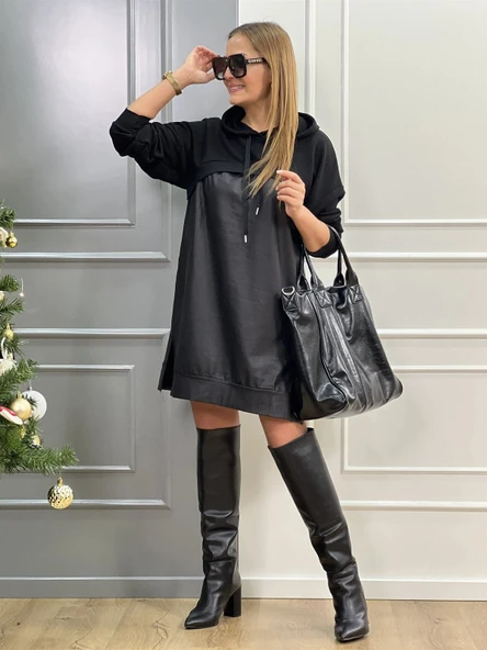 Kadın Uzun Kollu Kapüşon Ve Deri Detay Diz üstü Elbise - 5