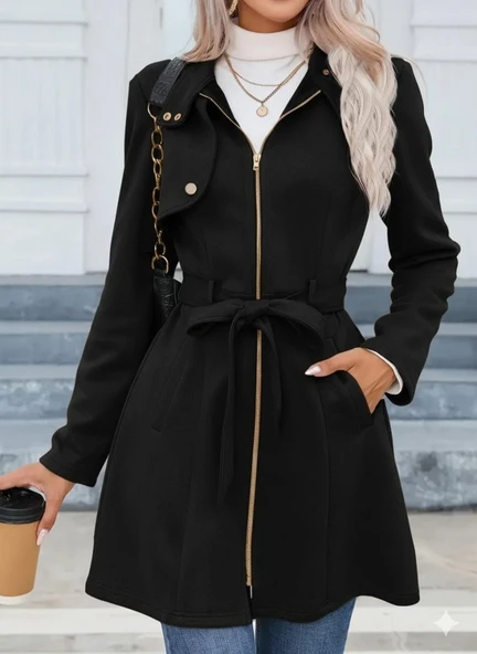 Kadın Uzun Kollu Boyundan Düğmeli Fermuarlı Beli Kuşaklı Süet Ceket
