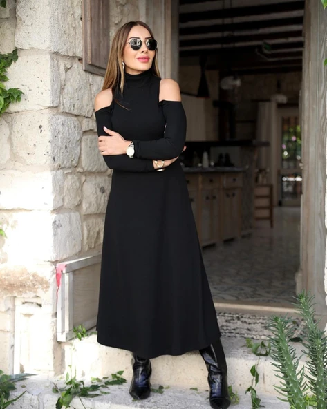 Kadın Balıkçı Yaka Omuzlardan Açık Uzun Kollu Janjan Krep Elbise ürün görseli 1