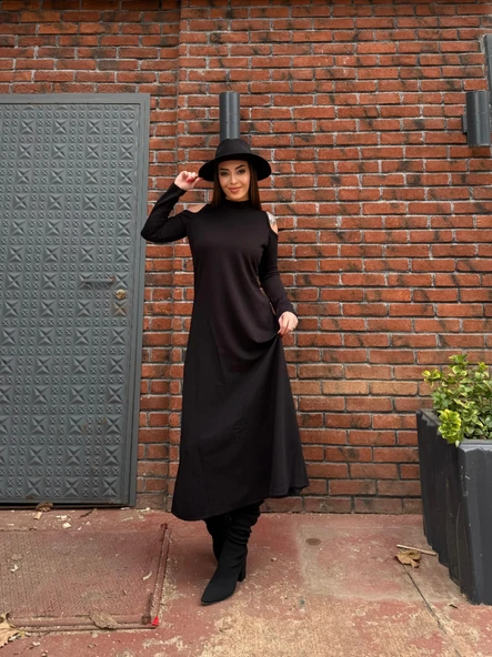 Kadın Balıkçı Yaka Omuzlardan Açık Uzun Kollu Janjan Krep Elbise - Resim 5