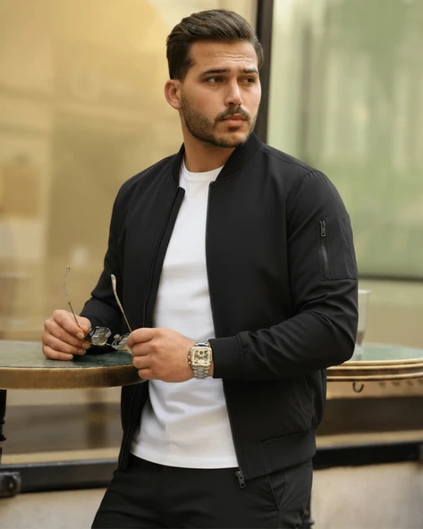 Erkek Içi Astarlı Fermuarlı Bomber Mont Ceket - Siyah - 4