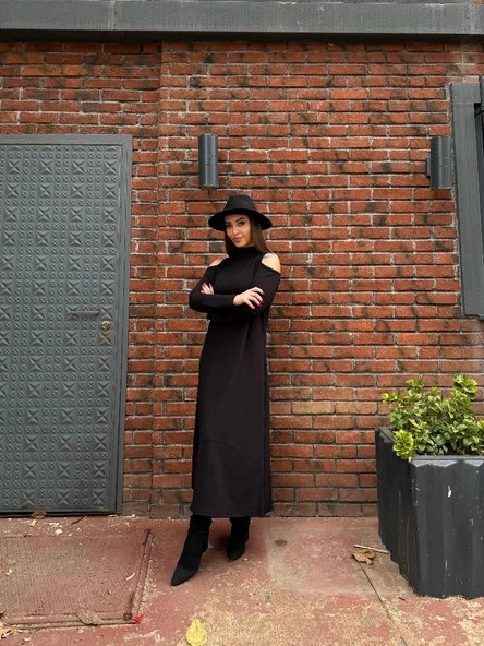 Kadın Balıkçı Yaka Omuzlardan Açık Uzun Kollu Janjan Krep Elbise - Resim 8