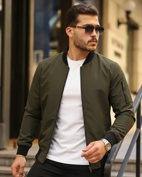 Erkek Içi Astarlı Fermuarlı Bomber Mont Ceket - Haki - 2