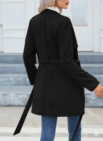 Kadın Uzun Kollu Boyundan Düğmeli Fermuarlı Beli Kuşaklı Süet Ceket - 5