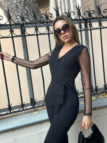 Kadın Uzun Kollu Kruvaze Yakalı Kolları Tül Detay Beli Kuşaklı Ithal Krep Tulum - 5