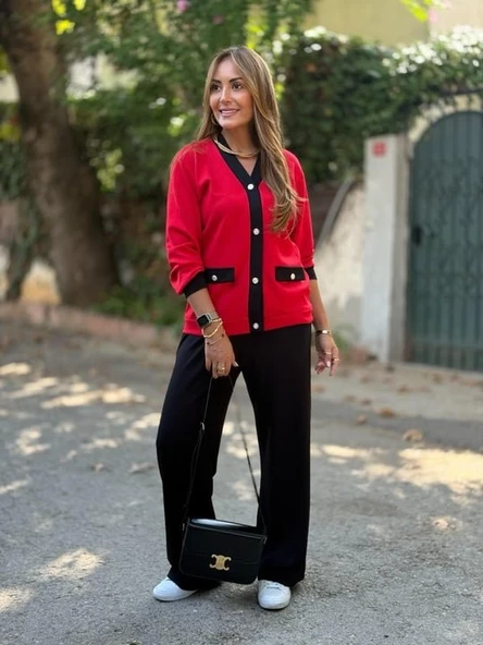 Kadın Uzun Kollu Ribanali Cep Detay Hırka Ve Bol Paça Pantolon Ikili Takım