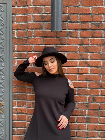 Kadın Balıkçı Yaka Omuzlardan Açık Uzun Kollu Janjan Krep Elbise - Resim 7