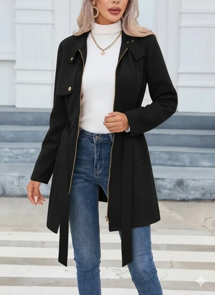 Kadın Uzun Kollu Boyundan Düğmeli Fermuarlı Beli Kuşaklı Süet Ceket - 3