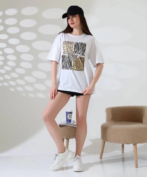 Karma desenli oversize tişört - Resim 2