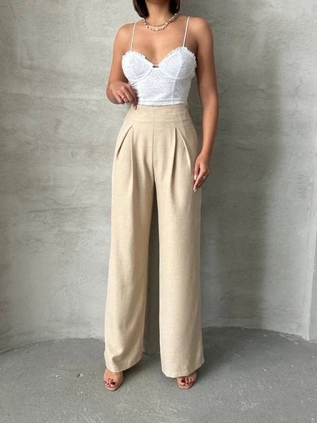 Pileli keten pantolon s255046 - Resim 4