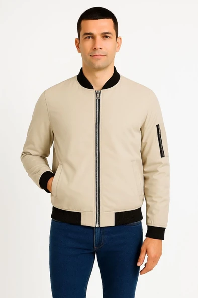 Erkek Içi Astarlı Fermuarlı Bomber Mont Ceket - Bej - 4