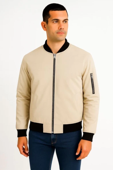 Erkek Içi Astarlı Fermuarlı Bomber Mont Ceket - Bej - 3