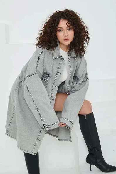 Düz Gömlek Yaka Kadın Gri Kuş Gözü Cepli Kot Ceket - 4