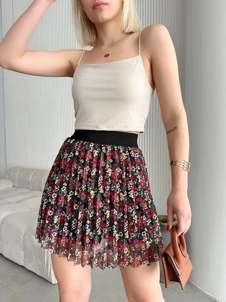 Baskılı astarlı mini etek - Resim 6