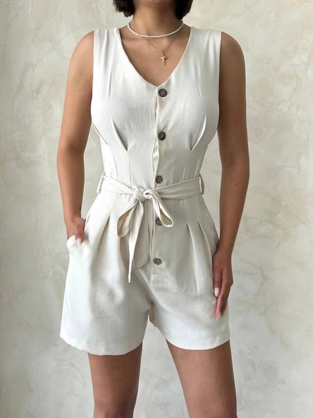 Kuşaklı şortlu tulum - Resim 6