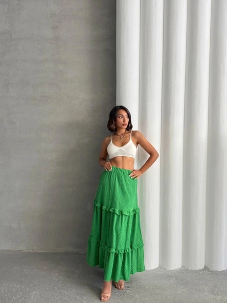 Fırfırlı brodeli astarlı uzun etek yeşil s255047 - Resim 5