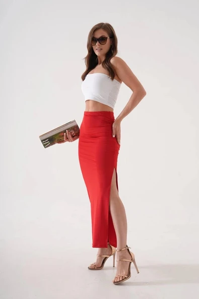 Uzun yırtmaçlı ince kumaş etek kırmızı - Resim 8