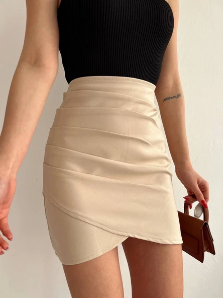 Yandan drapeli asimetrik etek bej s24771 ürün görseli 1