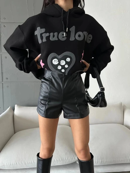 3 iplik şardonlu oversize true baskılı sweat siyah - Resim 4